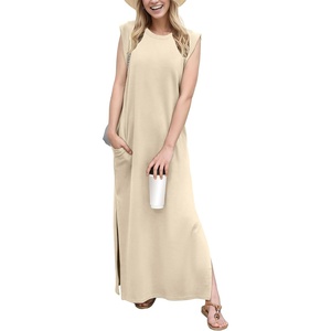 image:imageGRECERELLE 2026 Women YearRound Casual Round Neck Loose Split WrinkleFree Long Maxi Vacation Dress with Pockets XXS4XLApricot White