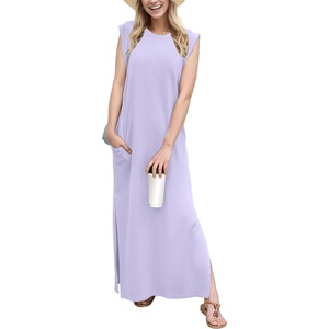 image:imageGRECERELLE 2026 Women YearRound Casual Round Neck Loose Split WrinkleFree Long Maxi Vacation Dress with Pockets XXS4XLAura Indigo