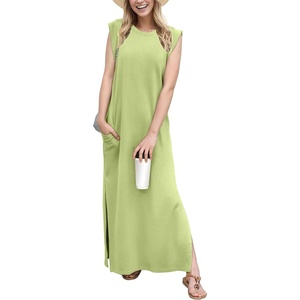 image:imageGRECERELLE 2026 Women YearRound Casual Round Neck Loose Split WrinkleFree Long Maxi Vacation Dress with Pockets XXS4XLAvocado Green