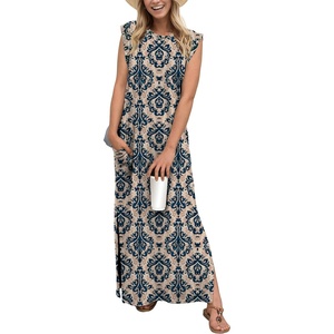 image:imageGRECERELLE 2026 Women YearRound Casual Round Neck Loose Split WrinkleFree Long Maxi Vacation Dress with Pockets XXS4XLBaroque Pattern