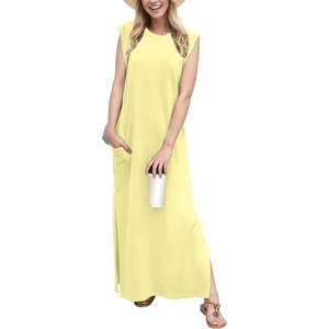 image:imageGRECERELLE 2026 Women YearRound Casual Round Neck Loose Split WrinkleFree Long Maxi Vacation Dress with Pockets XXS4XLButter Yellow