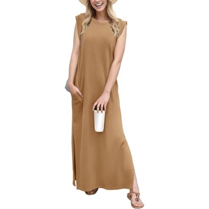 image:imageGRECERELLE 2026 Women YearRound Casual Round Neck Loose Split WrinkleFree Long Maxi Vacation Dress with Pockets XXS4XLCamel