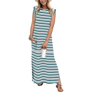 image:imageGRECERELLE 2026 Women YearRound Casual Round Neck Loose Split WrinkleFree Long Maxi Vacation Dress with Pockets XXS4XLColorful Blue Stripe
