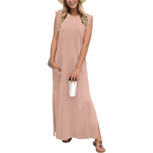 image:imageGRECERELLE 2026 Women YearRound Casual Round Neck Loose Split WrinkleFree Long Maxi Vacation Dress with Pockets XXS4XLCoral Pink