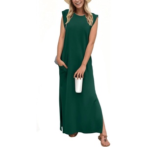 image:imageGRECERELLE 2026 Women YearRound Casual Round Neck Loose Split WrinkleFree Long Maxi Vacation Dress with Pockets XXS4XLDark Green