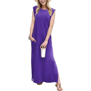 image:imageGRECERELLE 2026 Women YearRound Casual Round Neck Loose Split WrinkleFree Long Maxi Vacation Dress with Pockets XXS4XLDark Purple
