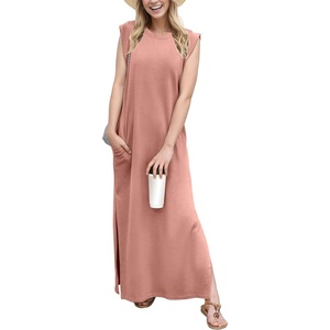 image:imageGRECERELLE 2026 Women YearRound Casual Round Neck Loose Split WrinkleFree Long Maxi Vacation Dress with Pockets XXS4XLDeep Pink