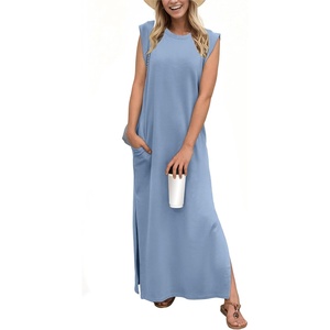 image:imageGRECERELLE 2026 Women YearRound Casual Round Neck Loose Split WrinkleFree Long Maxi Vacation Dress with Pockets XXS4XLDenim Blue