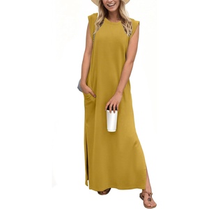 image:imageGRECERELLE 2026 Women YearRound Casual Round Neck Loose Split WrinkleFree Long Maxi Vacation Dress with Pockets XXS4XLGinger