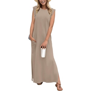 image:imageGRECERELLE 2026 Women YearRound Casual Round Neck Loose Split WrinkleFree Long Maxi Vacation Dress with Pockets XXS4XLGray Brown