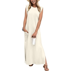 image:imageGRECERELLE 2026 Women YearRound Casual Round Neck Loose Split WrinkleFree Long Maxi Vacation Dress with Pockets XXS4XLLight Apricot