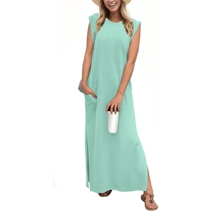 image:imageGRECERELLE 2026 Women YearRound Casual Round Neck Loose Split WrinkleFree Long Maxi Vacation Dress with Pockets XXS4XLLight Blue