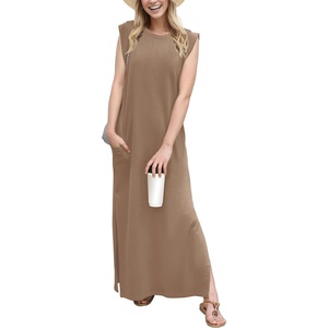 image:imageGRECERELLE 2026 Women YearRound Casual Round Neck Loose Split WrinkleFree Long Maxi Vacation Dress with Pockets XXS4XLLight Coffee
