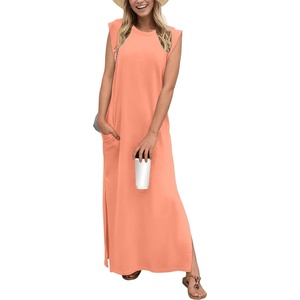 image:imageGRECERELLE 2026 Women YearRound Casual Round Neck Loose Split WrinkleFree Long Maxi Vacation Dress with Pockets XXS4XLLight Orange