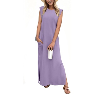 image:imageGRECERELLE 2026 Women YearRound Casual Round Neck Loose Split WrinkleFree Long Maxi Vacation Dress with Pockets XXS4XLLilac