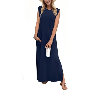 image:imageGRECERELLE 2026 Women YearRound Casual Round Neck Loose Split WrinkleFree Long Maxi Vacation Dress with Pockets XXS4XLNavy Blue