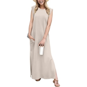 image:imageGRECERELLE 2026 Women YearRound Casual Round Neck Loose Split WrinkleFree Long Maxi Vacation Dress with Pockets XXS4XLOatmeal