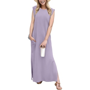 image:imageGRECERELLE 2026 Women YearRound Casual Round Neck Loose Split WrinkleFree Long Maxi Vacation Dress with Pockets XXS4XLPurple