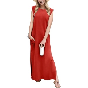 image:imageGRECERELLE 2026 Women YearRound Casual Round Neck Loose Split WrinkleFree Long Maxi Vacation Dress with Pockets XXS4XLRed