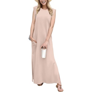 image:imageGRECERELLE 2026 Women YearRound Casual Round Neck Loose Split WrinkleFree Long Maxi Vacation Dress with Pockets XXS4XLRose Pink