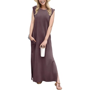 image:imageGRECERELLE 2026 Women YearRound Casual Round Neck Loose Split WrinkleFree Long Maxi Vacation Dress with Pockets XXS4XLRosewood