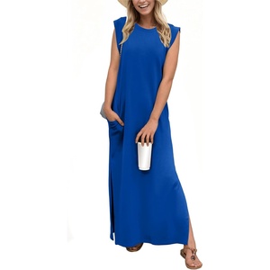 image:imageGRECERELLE 2026 Women YearRound Casual Round Neck Loose Split WrinkleFree Long Maxi Vacation Dress with Pockets XXS4XLRoyal Blue