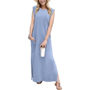 image:imageGRECERELLE 2026 Women YearRound Casual Round Neck Loose Split WrinkleFree Long Maxi Vacation Dress with Pockets XXS4XLSky Blue