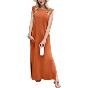 image:imageGRECERELLE 2026 Women YearRound Casual Round Neck Loose Split WrinkleFree Long Maxi Vacation Dress with Pockets XXS4XLTan