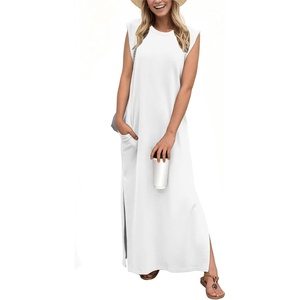 image:imageGRECERELLE 2026 Women YearRound Casual Round Neck Loose Split WrinkleFree Long Maxi Vacation Dress with Pockets XXS4XLWhite