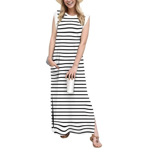 image:imageGRECERELLE 2026 Women YearRound Casual Round Neck Loose Split WrinkleFree Long Maxi Vacation Dress with Pockets XXS4XLWhite Black Strip