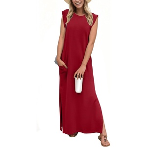 image:imageGRECERELLE 2026 Women YearRound Casual Round Neck Loose Split WrinkleFree Long Maxi Vacation Dress with Pockets XXS4XLWine Red