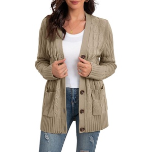 image:imageGRECERELLE 2026 Womens Long Sleeve Cable Knit Cardigan Sweater with Pockets01khaki
