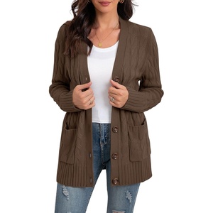 image:imageGRECERELLE 2026 Womens Long Sleeve Cable Knit Cardigan Sweater with Pockets02dark Khaki