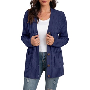 image:imageGRECERELLE 2026 Womens Long Sleeve Cable Knit Cardigan Sweater with Pockets05navy Blue
