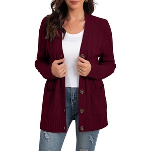 image:imageGRECERELLE 2026 Womens Long Sleeve Cable Knit Cardigan Sweater with Pockets06wine Red