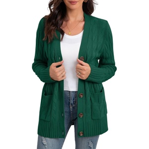 image:imageGRECERELLE 2026 Womens Long Sleeve Cable Knit Cardigan Sweater with Pockets08dark Green
