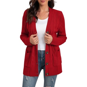 image:imageGRECERELLE 2026 Womens Long Sleeve Cable Knit Cardigan Sweater with Pockets10red