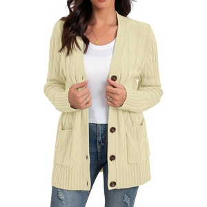 image:imageGRECERELLE 2026 Womens Long Sleeve Cable Knit Cardigan Sweater with PocketsApricot White