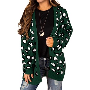image:imageGRECERELLE 2026 Womens Long Sleeve Cable Knit Cardigan Sweater with PocketsB09 Leopard Print Dark Green