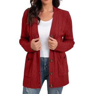 image:imageGRECERELLE 2026 Womens Long Sleeve Cable Knit Cardigan Sweater with PocketsBrick Red