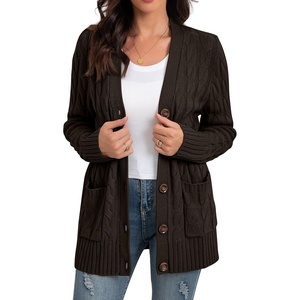 image:imageGRECERELLE 2026 Womens Long Sleeve Cable Knit Cardigan Sweater with PocketsDark Coffee
