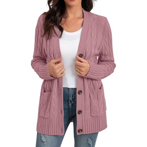 image:imageGRECERELLE 2026 Womens Long Sleeve Cable Knit Cardigan Sweater with PocketsDeep Pink