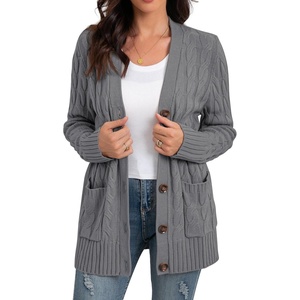 image:imageGRECERELLE 2026 Womens Long Sleeve Cable Knit Cardigan Sweater with PocketsGray Blue