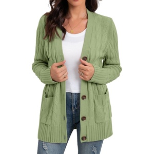 image:imageGRECERELLE 2026 Womens Long Sleeve Cable Knit Cardigan Sweater with PocketsLight Green