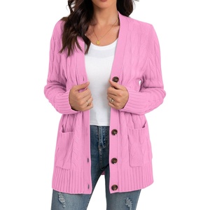 image:imageGRECERELLE 2026 Womens Long Sleeve Cable Knit Cardigan Sweater with PocketsPink