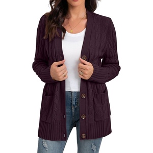 image:imageGRECERELLE 2026 Womens Long Sleeve Cable Knit Cardigan Sweater with PocketsRosewood