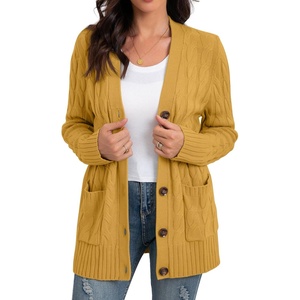 image:imageGRECERELLE 2026 Womens Long Sleeve Cable Knit Cardigan Sweater with PocketsYellow