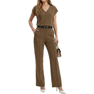 image:imageGRECERELLE 2026 Womens Spring amp Summer Casual 2 Piece Set  VNeck Top amp WrinkleFree Pants With PocketsLight Coffee