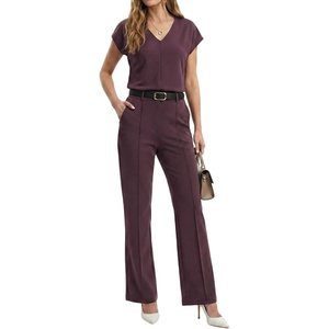 image:imageGRECERELLE 2026 Womens Spring amp Summer Casual 2 Piece Set  VNeck Top amp WrinkleFree Pants With PocketsRosewood