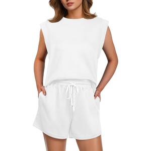 image:imageGRECERELLE 2026 Womens Summer 2 Piece Outfits Round Neck Cap Sleeve Top with Pocket Short SetsWhite